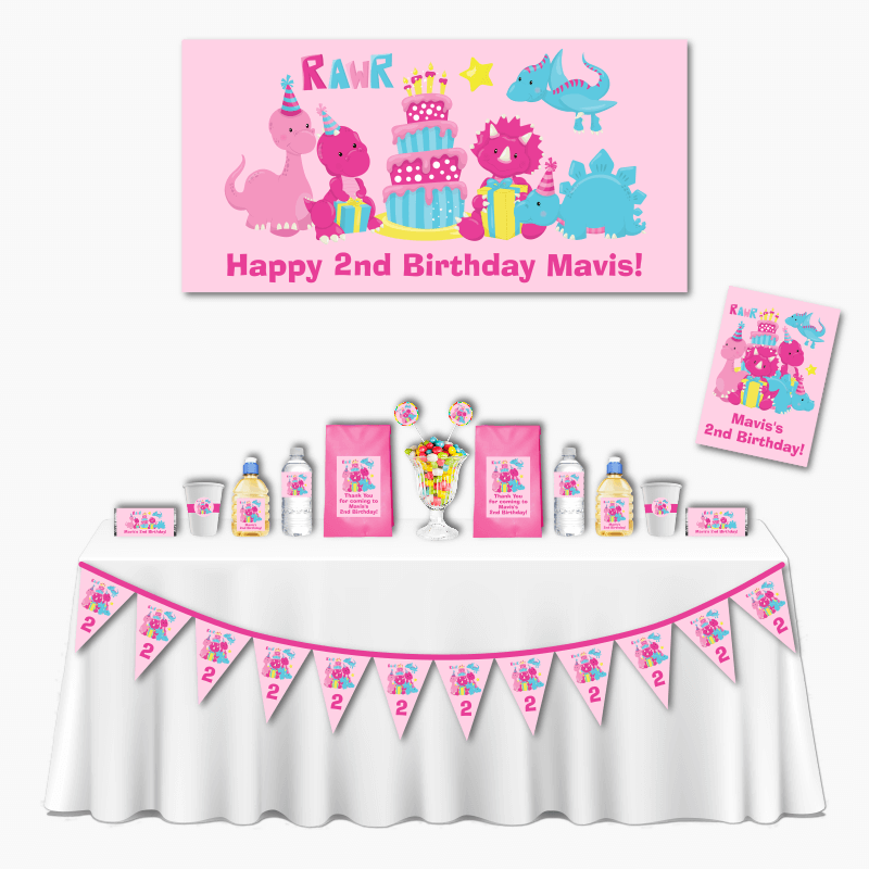 Personalised Little Girls Dinosaur Deluxe Birthday Party Decorations Pack