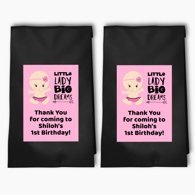 Personalised Little Lady Big Dreams Birthday Party Bags &amp; Labels