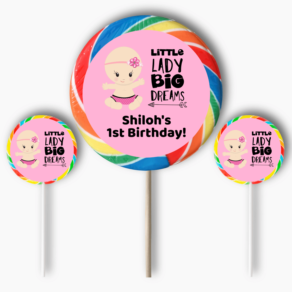 Personalised Little Lady Big Dreams Birthday Party Round Lollipop Stickers