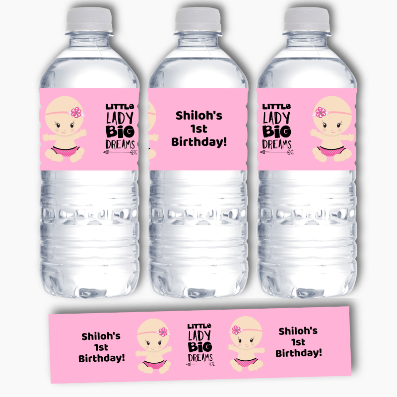 Personalised Little Lady Big Dreams Birthday Party Water Bottle Labels
