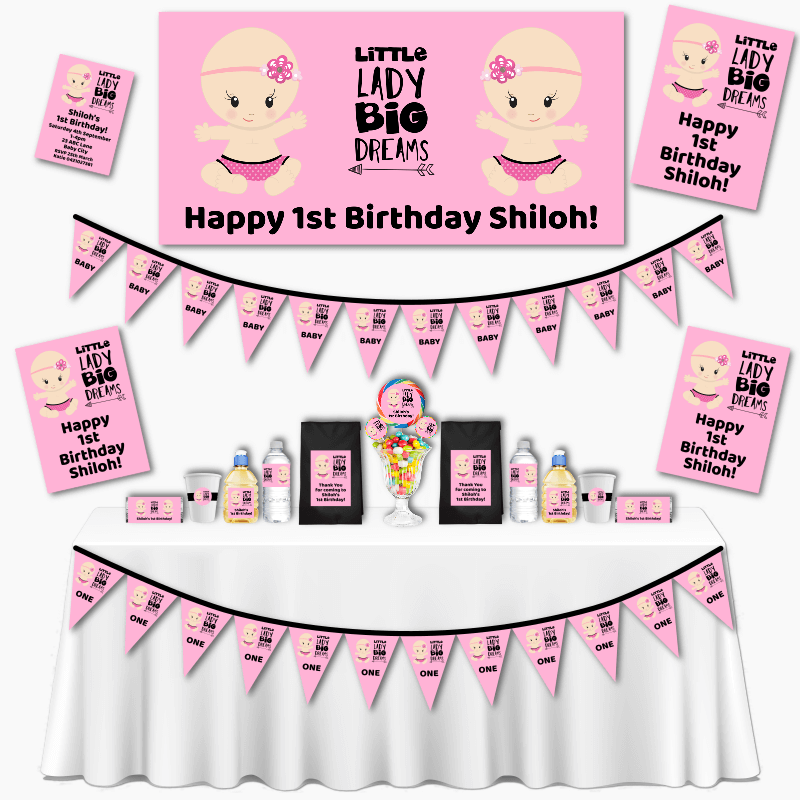 Personalised Little Lady Big Dreams Grand Birthday Party Supplies Pack