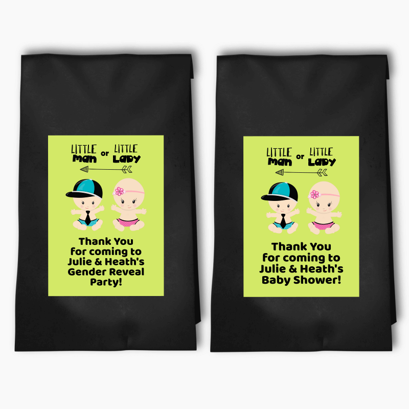 Personalised Little Man or Little Lady Gender Reveal Baby Shower Party Bags &amp; Labels