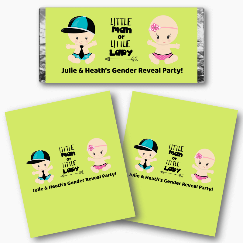 Personalised Little Man or Little Lady Gender Reveal Party Mini Chocolate Wrappers