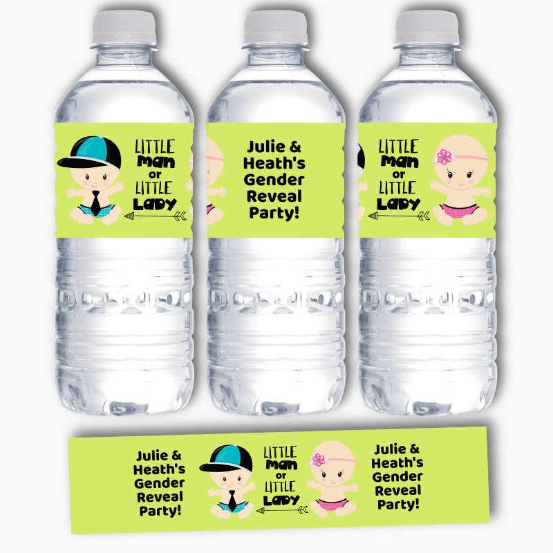 Personalised Little Man or Little Lady Gender Reveal Water Labels