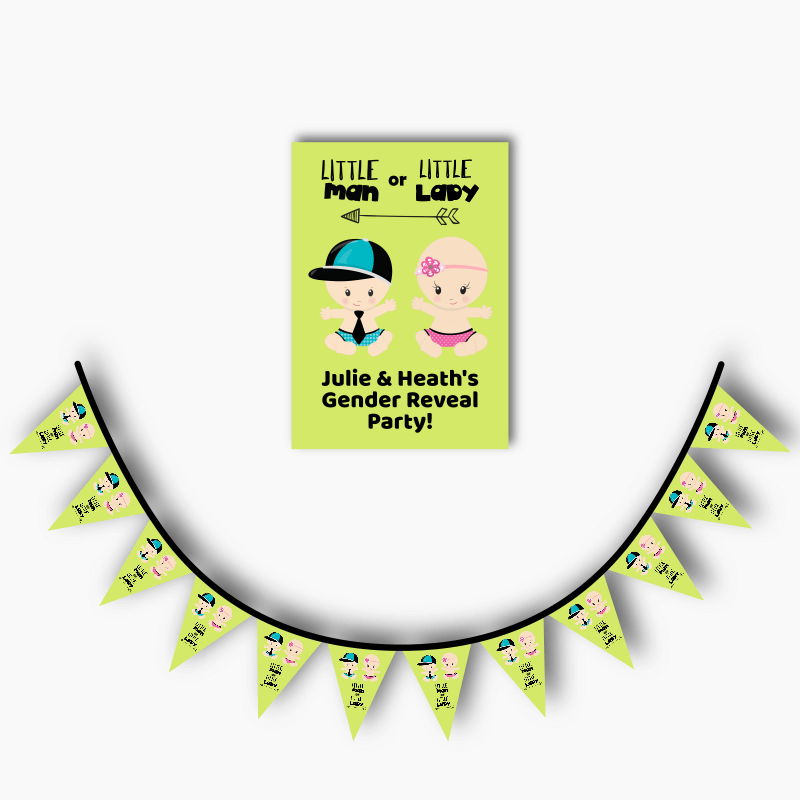 Personalised Little Man or Little Lady Gender Reveal Party Poster &amp; Flag Bunting Combo