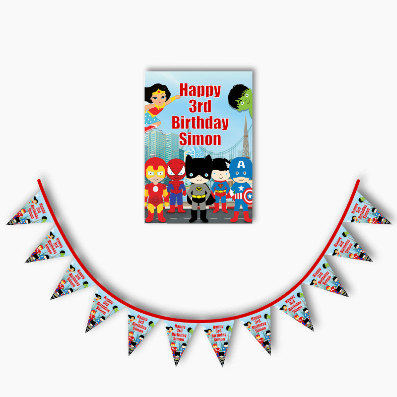 Personalised Little Superheroes Party Poster &amp; Bunting Combo