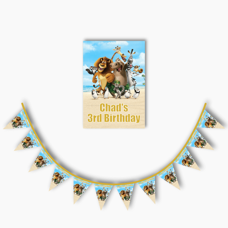 Personalised Madagascar Party Poster &amp; Flag Bunting Combo