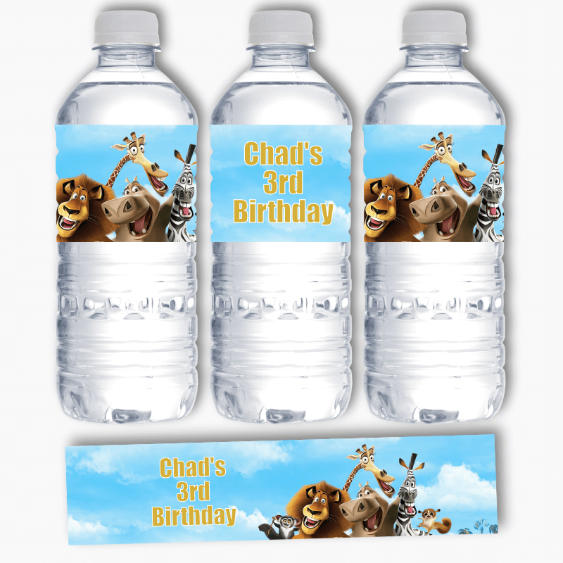 Personalised Madagascar Birthday Party Water Bottle Labels