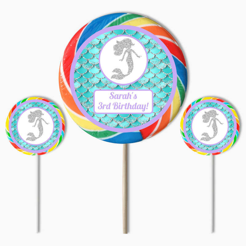 Personalised Mermaid Scales Birthday Party Round Lollipop Stickers