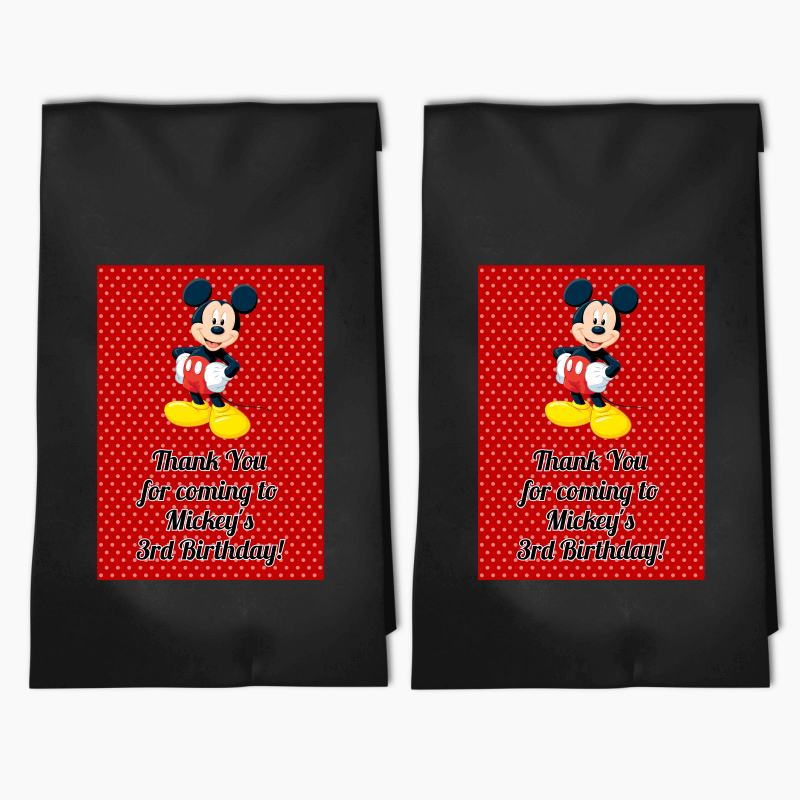 Personalised Mickey Mouse Birthday Party Bags &amp; Labels - Red Spot