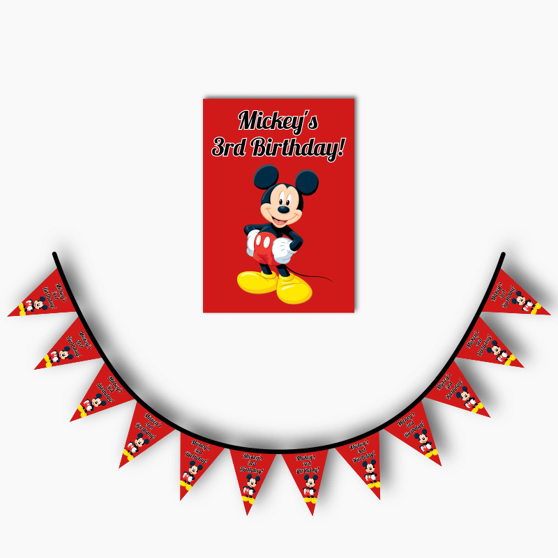 Personalised Mickey Mouse Party Poster &amp; Flag Bunting Combo - Red