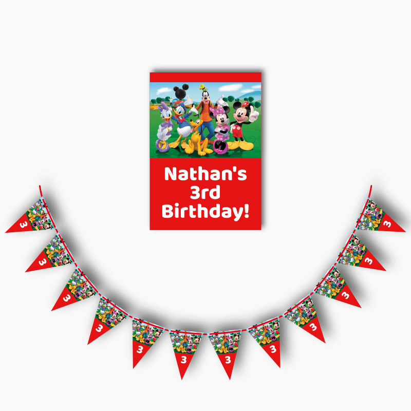 Personalised Mickey Mouse Clubhouse Party Poster & Flag Bunting Combo - Red
