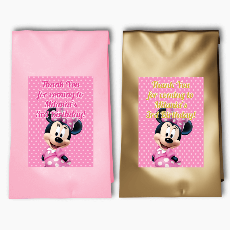 Personalised Minnie Mouse Birthday Party Bags &amp; Labels - Light Pink &amp; Gold