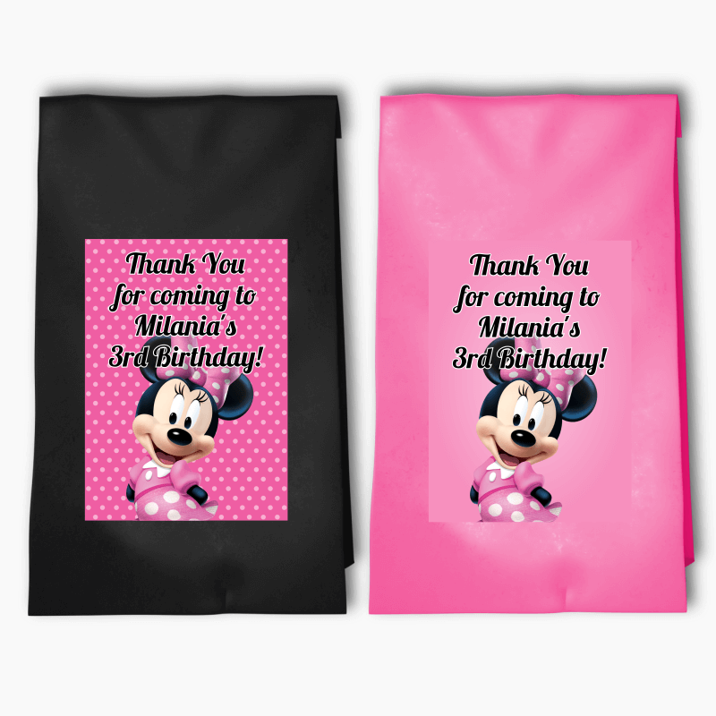 Personalised Minnie Mouse Birthday Party Bags & Labels - Pink & Black Spot