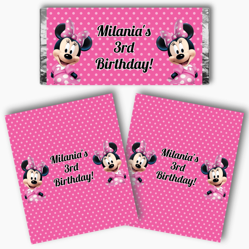 Personalised Minnie Mouse Birthday Party Mini Chocolate Labels - Pink Spot
