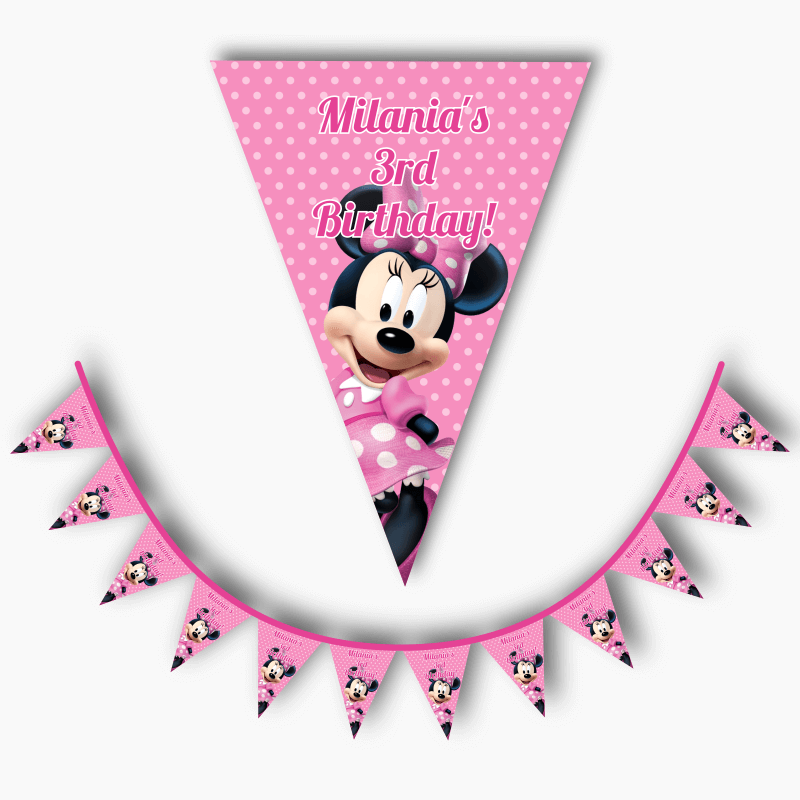Personalised Minnie Mouse Birthday Party Flag Bunting - Light Pink Spot