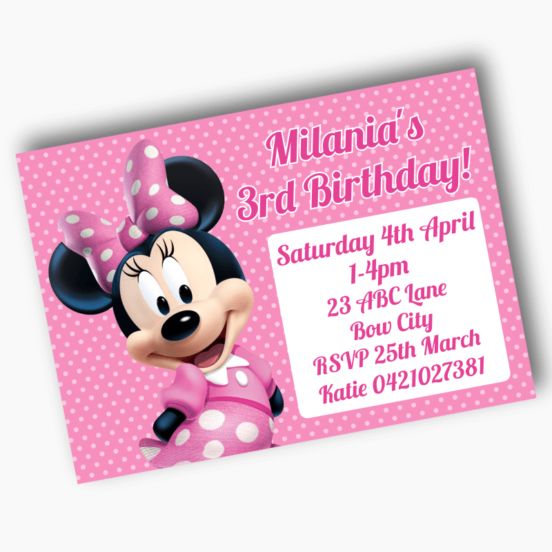 Personalised Minnie Mouse Birthday Party Invites - Pink Spot