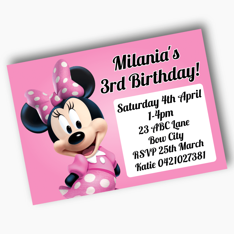 Personalised Minnie Mouse Birthday Party Invites - Pink