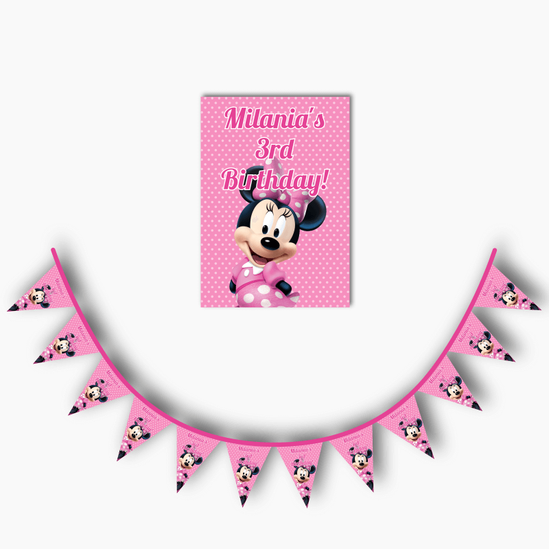 Personalised Minnie Mouse Birthday Party Poster & Flag Bunting Combo - Pink Spots