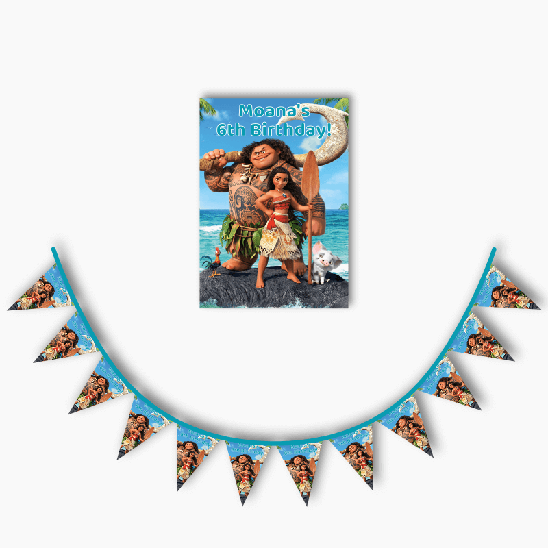 Personalised Moana Party Poster &amp; Flag Bunting Combo