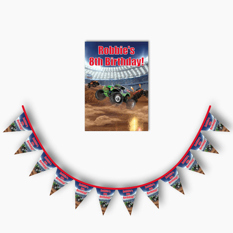 Personalised Monster Trucks Party Poster &amp; Bunting Combo