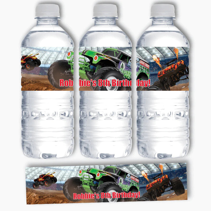 Personalised Monster Trucks Birthday Party Water Bottle Labels