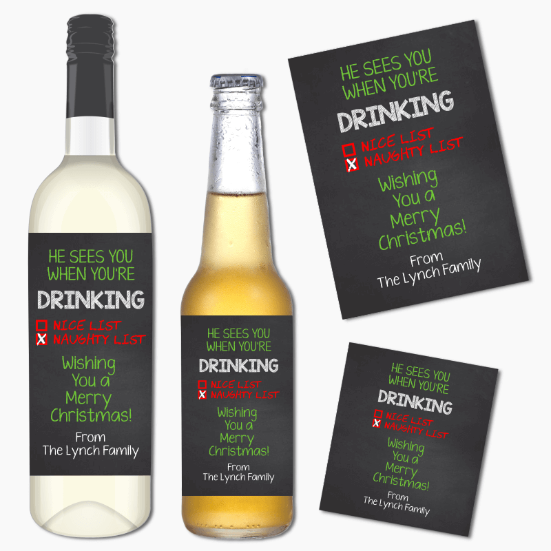 Naughty List Christmas Gift Wine & Beer Labels with Photo