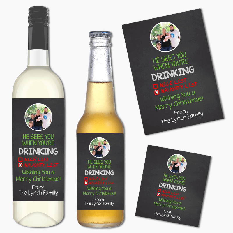 Naughty List Christmas Gift Wine &amp; Beer Labels with Photo