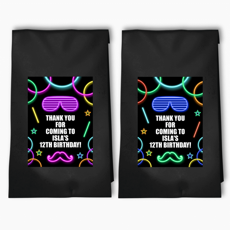 Personalised Neon Glow Birthday Party Bags & Labels