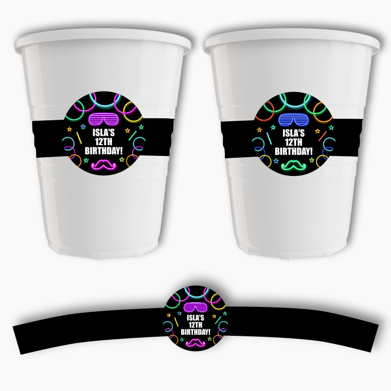 Personalised Neon Glow Birthday Party Cup Stickers