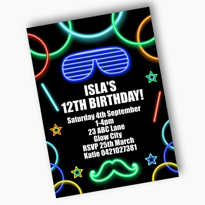 Personalised Neon Glow Birthday Party Invites - Girls