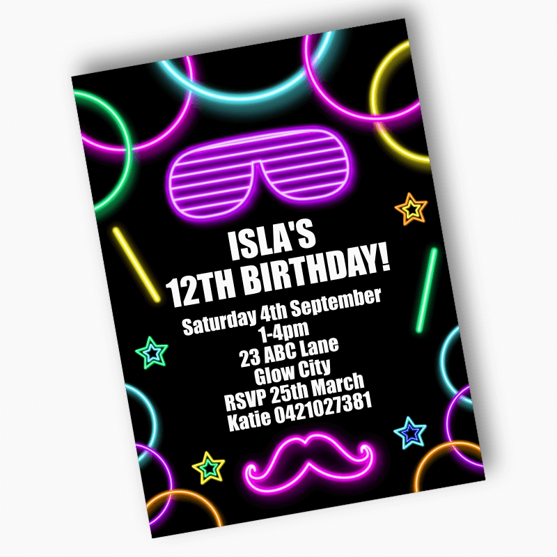 Personalised Neon Glow Birthday Party Invites - Girls