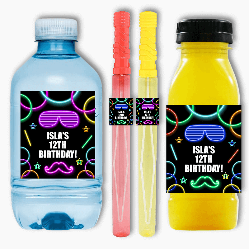 Neon Glow Birthday Party Rectangle Favour Stickers