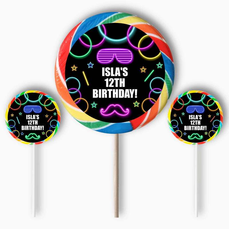 Personalised Neon Glow Birthday Party Round Stickers
