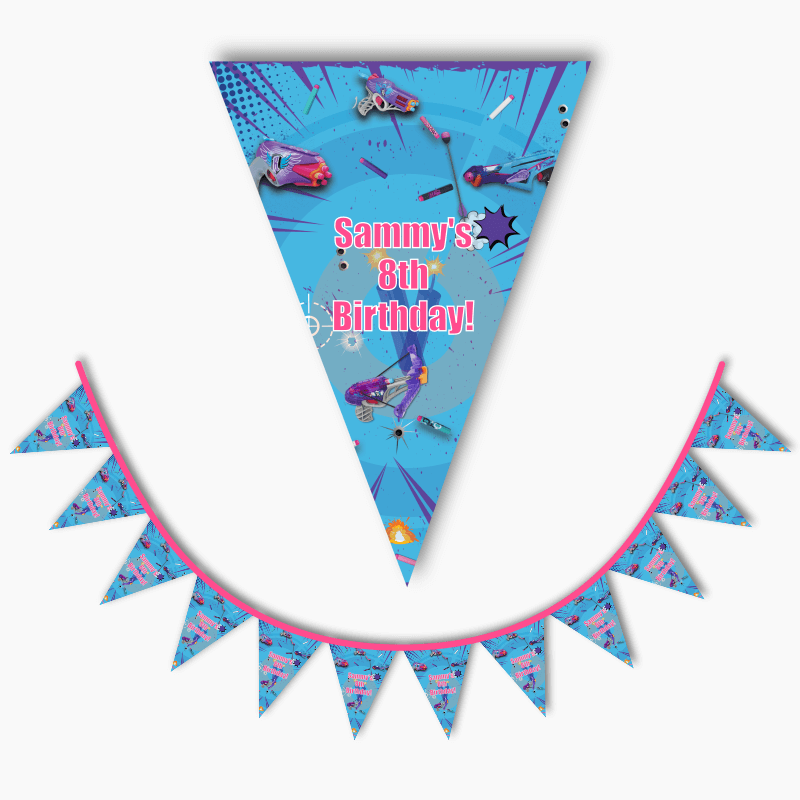 Personalised Nerf Toy Gun Birthday Party Flag Bunting - Girls