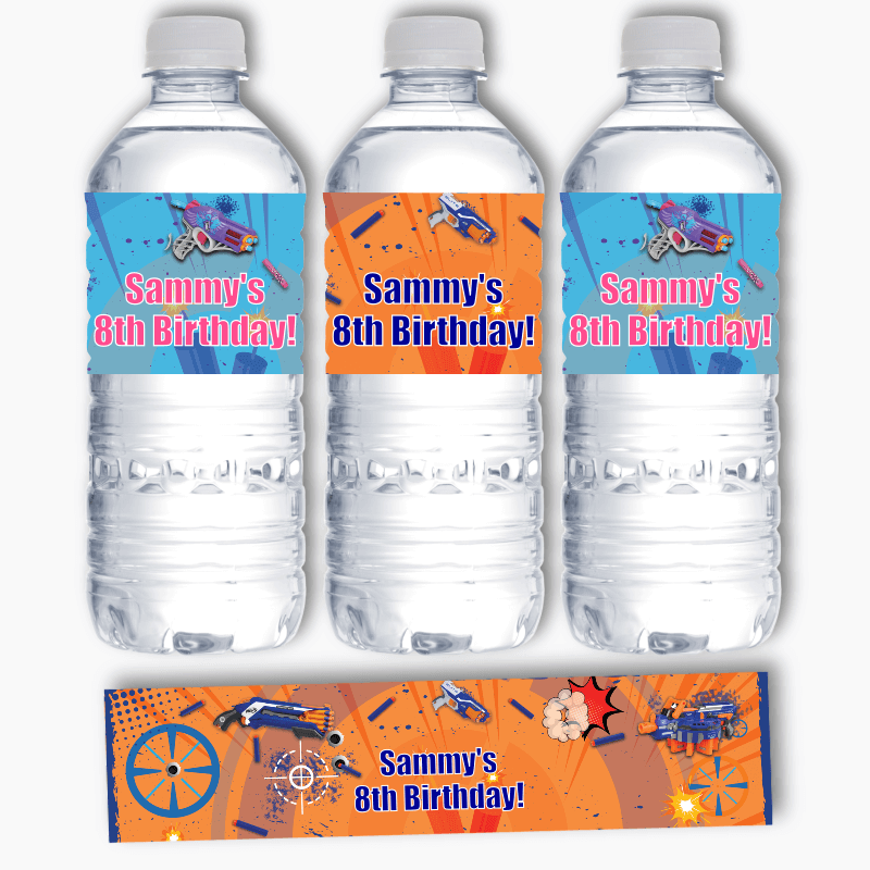 Personalised Nerf Toy Gun Birthday Party Water Bottle Labels