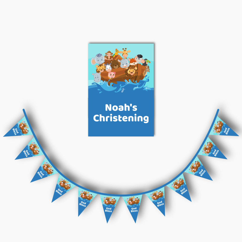 Personalised Noah&#39;s Ark Christening Poster &amp; Flag Bunting Combo