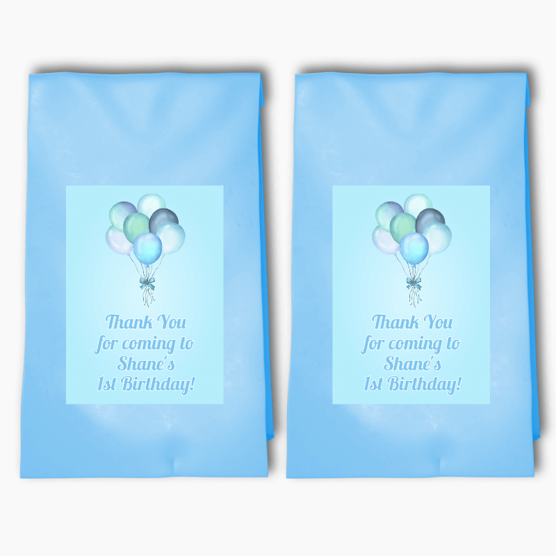 Personalised Pastel Blue Balloons Birthday Party Bags & Labels