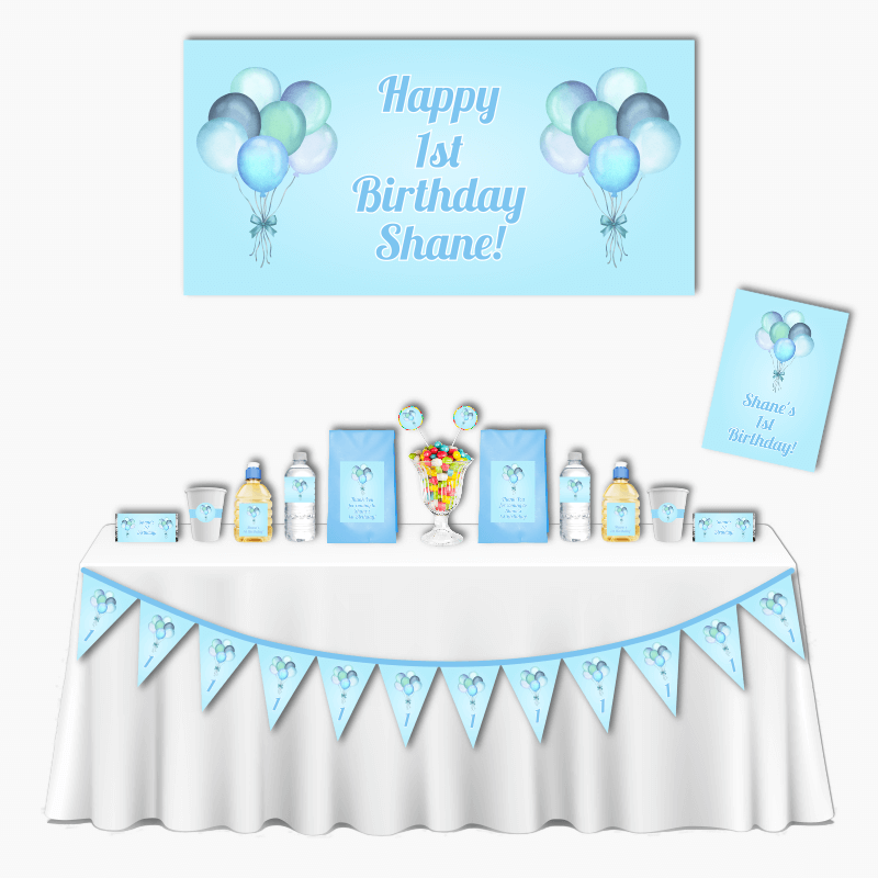Personalised Pastel Blue Balloons Deluxe Birthday Party Decorations Pack