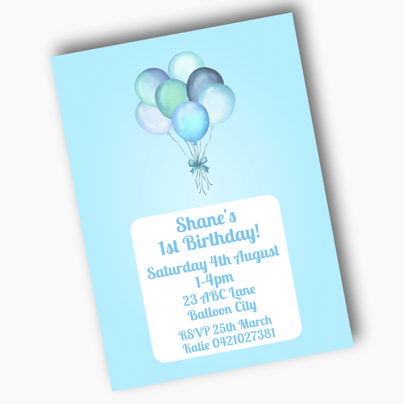 Personalised Pastel Blue Balloons Birthday Party Invites