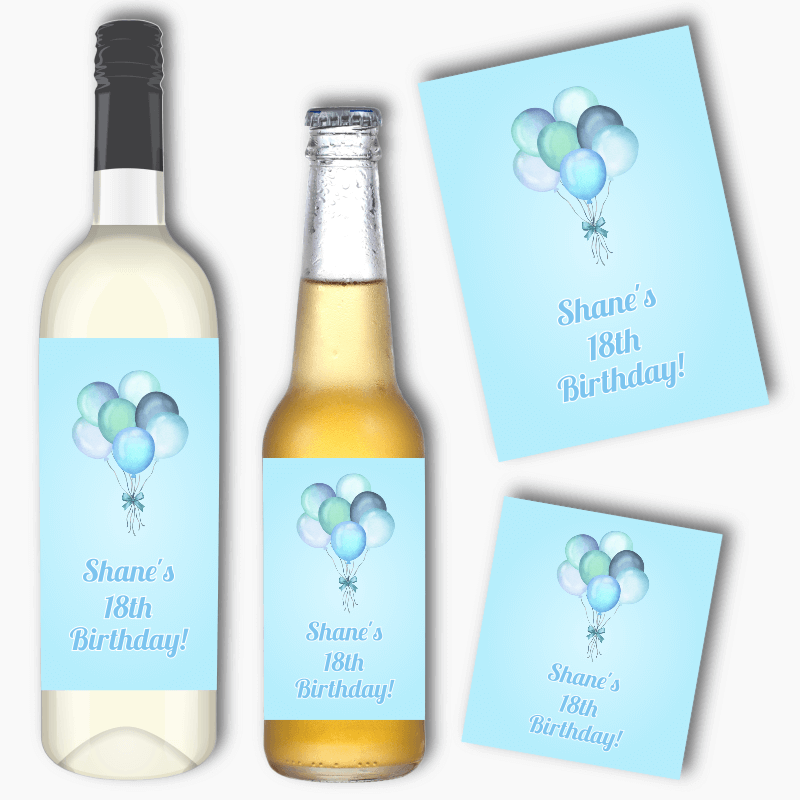 Personalised Pastel Blue Balloons Birthday Party Wine &amp; Beer Labels