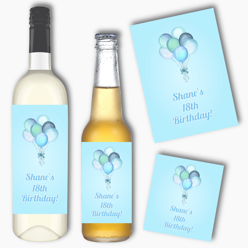 Personalised Pastel Blue Balloons Birthday Party Wine & Beer Labels