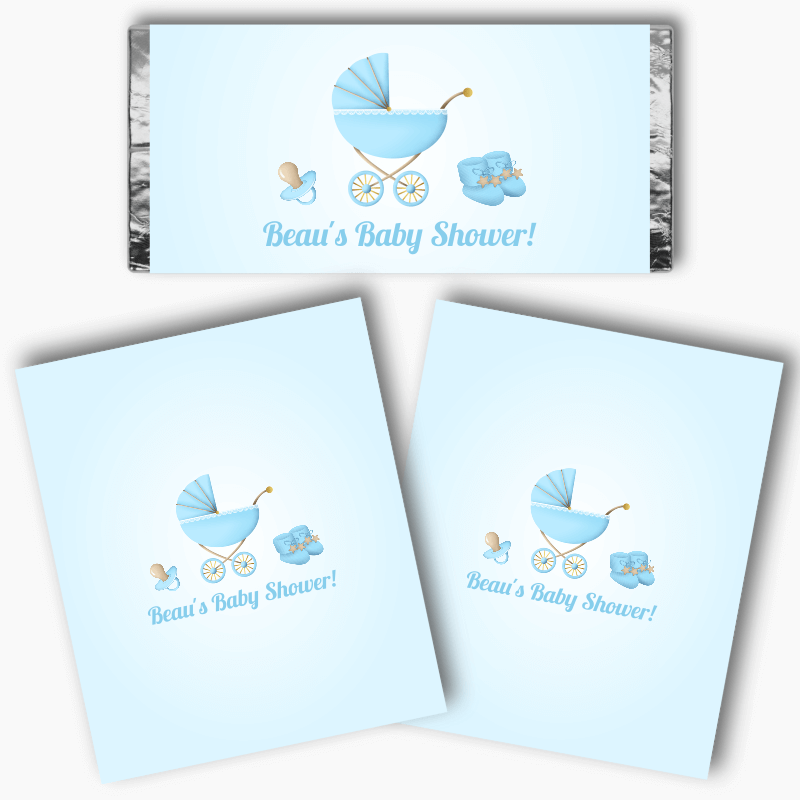 Personalised Pastel Blue Vintage Pram Baby Shower Mini Chocolate Labels