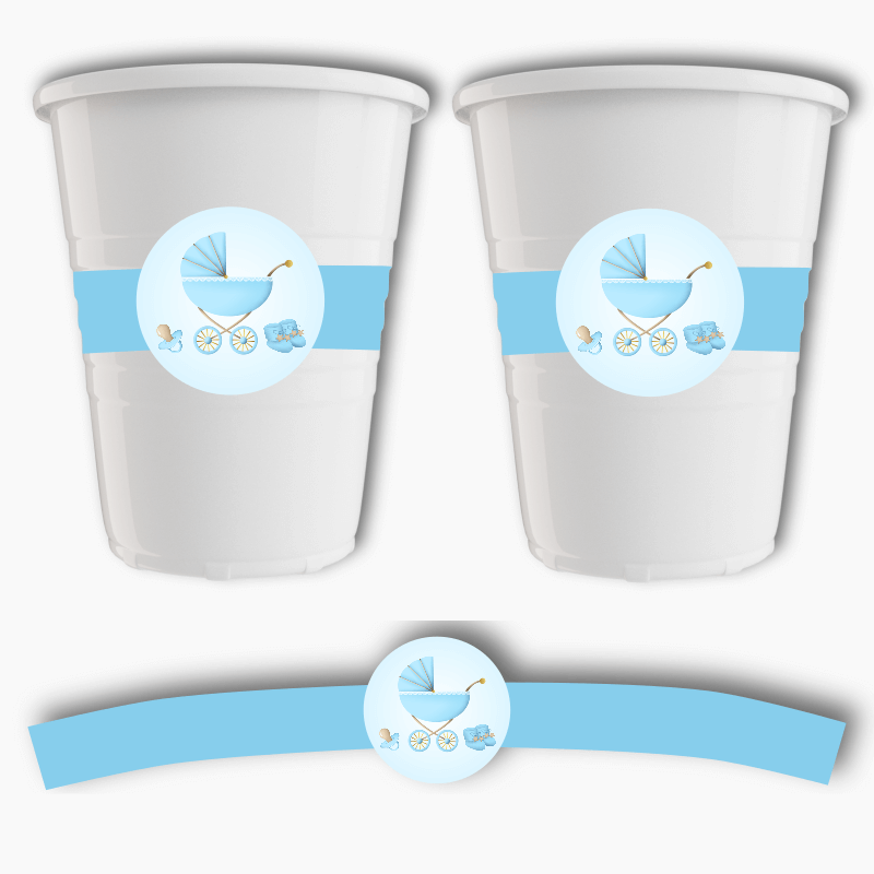 Pastel Blue Vintage Pram Baby Shower Cup Stickers