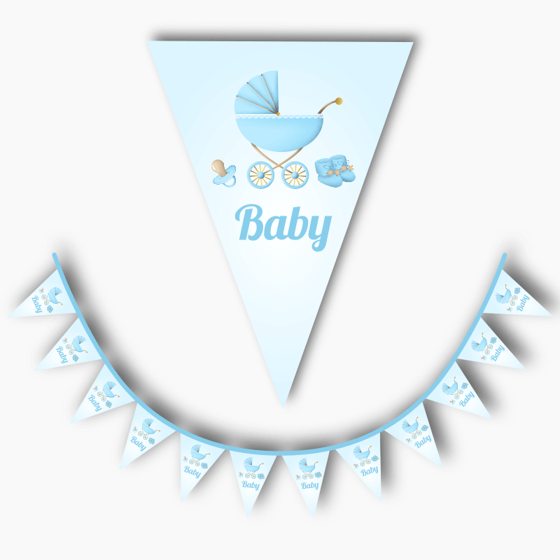 Personalised Pastel Blue Vintage Pram Baby Shower Flag Bunting
