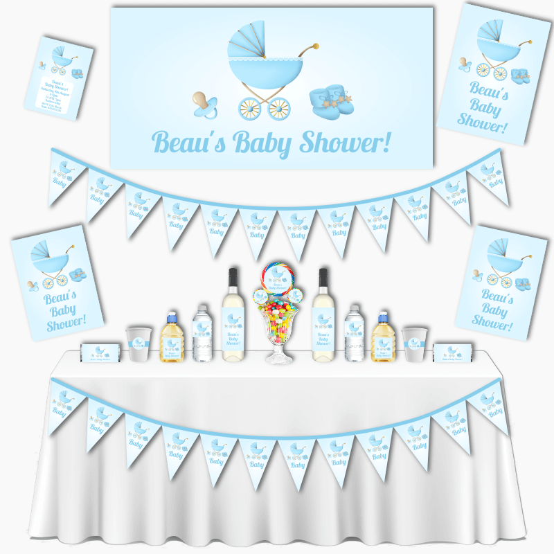 Personalised Pastel Blue Vintage Pram Baby Shower Grand Party Decorations Pack