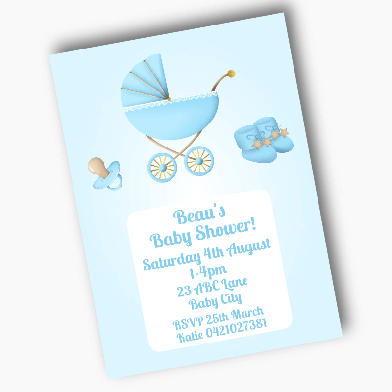Personalised Pastel Blue Vintage Pram Baby Shower Invites