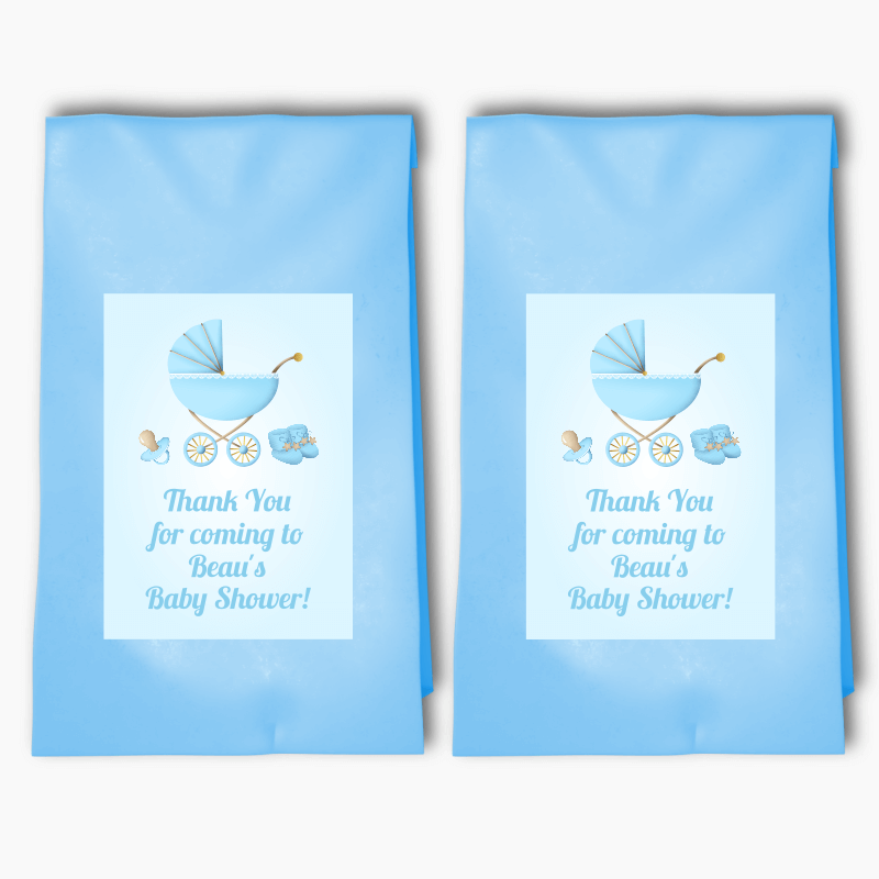 Personalised Pastel Blue Vintage Pram Baby Shower Party Bags & Labels
