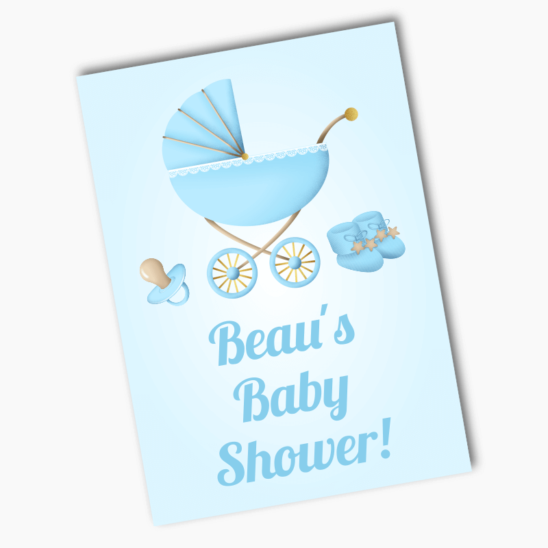 Personalised Pastel Blue Vintage Pram Baby Shower Posters