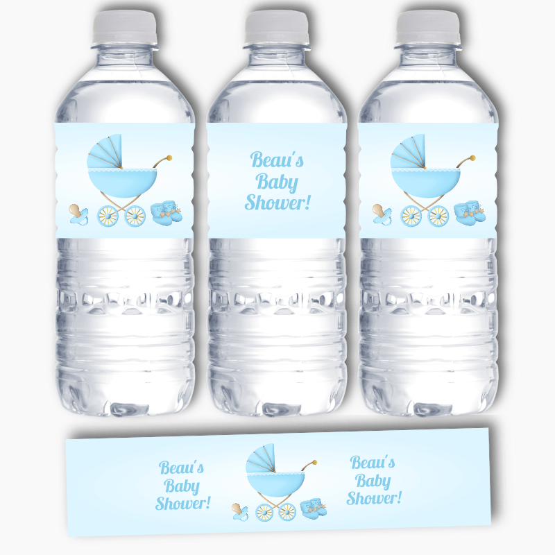 Personalised Pastel Blue Vintage Pram Baby Shower Water Bottle Labels